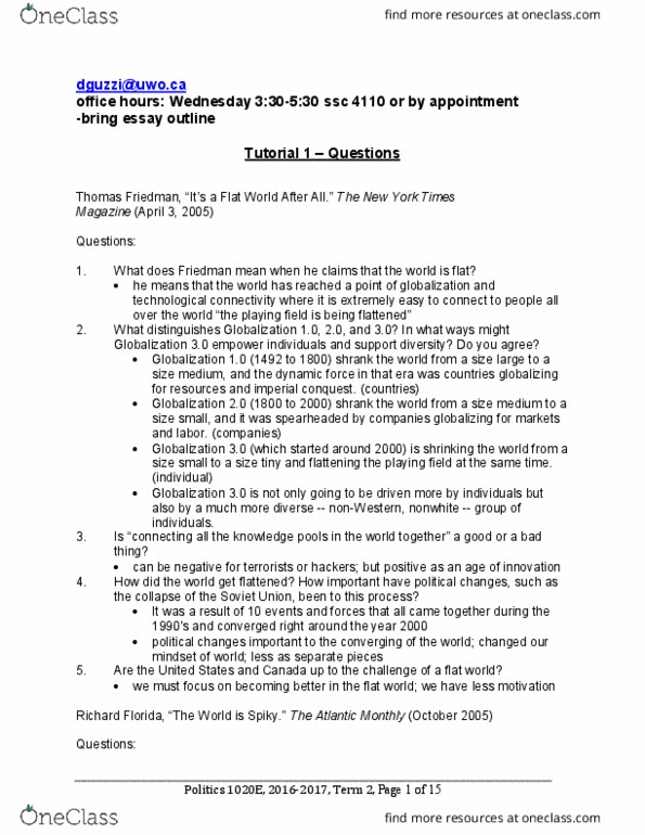 Political Science 1020E Chapter Notes - Chapter tutorial : Richard Florida, Thomas Friedman, Larry Diamond thumbnail